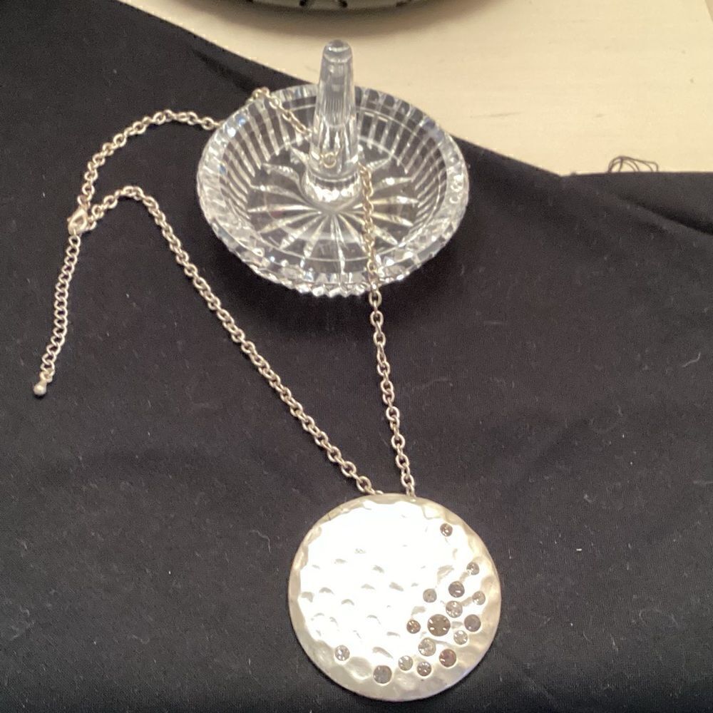 Silvertone Hammered and Crystal Pendant Necklace